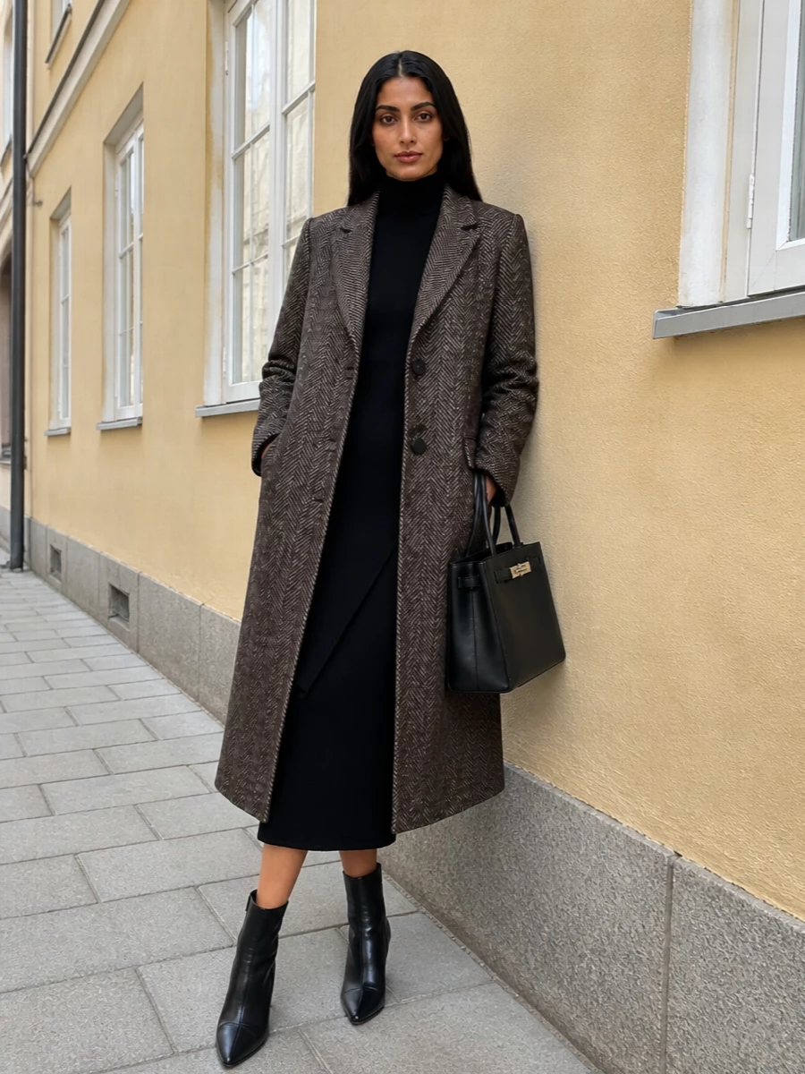 Tagliatore coat black knit midi dress outfit