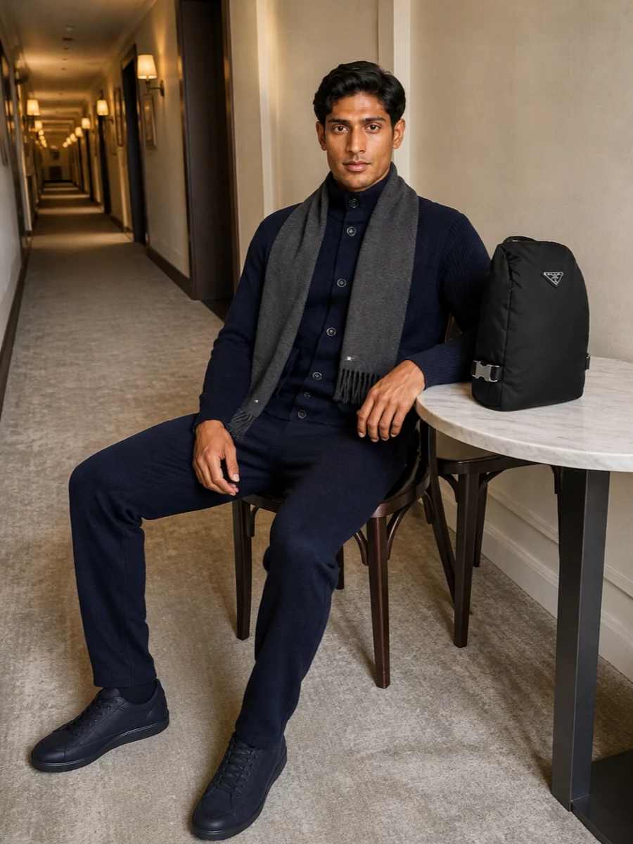 Lardini navy knit prada navy sneakers outfit