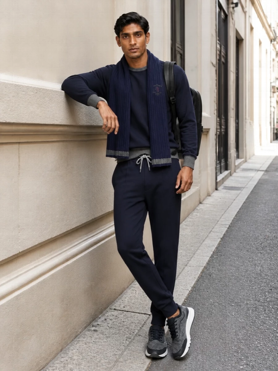 Brunello cucinelli navy sweatshirt joggers outfit