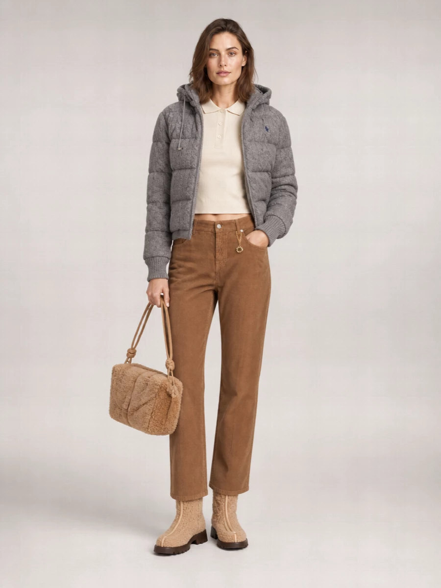 I chose the top and bottom route rather than a dress so the cropped Ralph Lauren puffer could play into a true collegiate winter pairing of knit polo and corduroy. The Prada polo and Stella cords keep the line long and lean under the volume of the jacket, while camel and grey sit in that sweet, understated preppy palette. Shearling boots and a tactile Hereu bag lean into the chalet texture mix, but the shapes stay clean enough for city days.