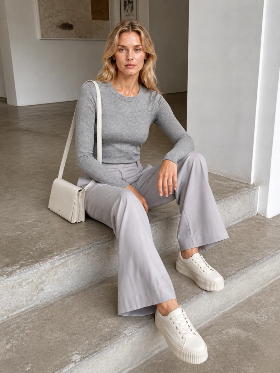 Heathered grey and pale dove tones create a calm, tonal column that feels precise but relaxed. The high-rise wide leg sharpens the slim tee, while ivory accessories keep everything light for warm days. It is an easy, intelligent uniform for city errands, studio days or quiet coffee meetings.
