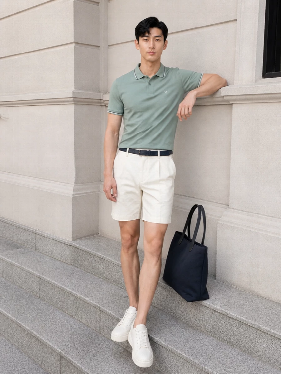 A sage polo and ivory tailored shorts create a clean, modern summer pairing that feels smart without being stiff. Creamy off-white sneakers keep the mood relaxed, while the navy belt and structured tote add just enough definition for city days or polished weekends.