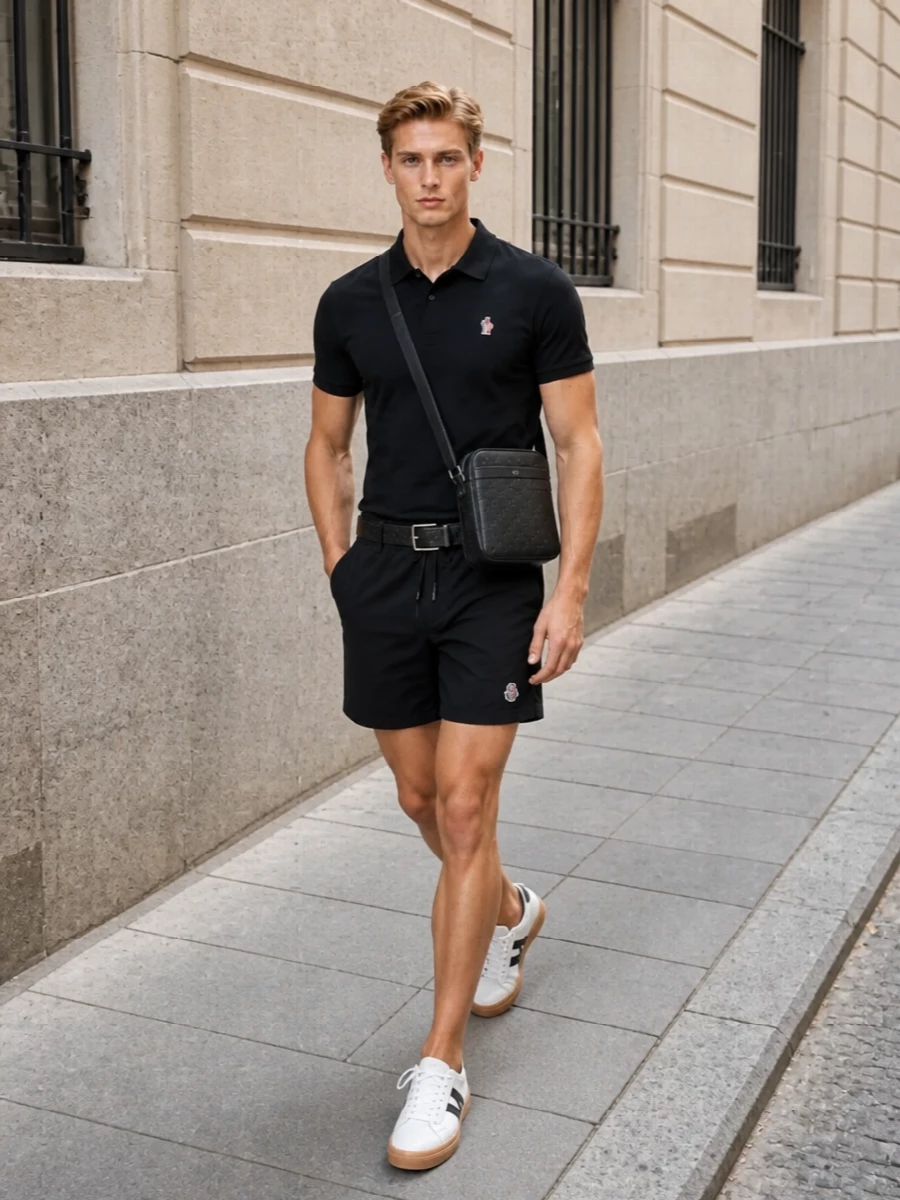 This look centres on a black Moncler polo and equally refined black swim shorts, creating a sleek, monochrome pool-to-promenade uniform. White Moncler court sneakers lift the palette and keep it sporty, while the structured Celine crossbody and a discreet black leather belt add a calm, quietly luxurious finish that still feels relaxed for warm-weather days.