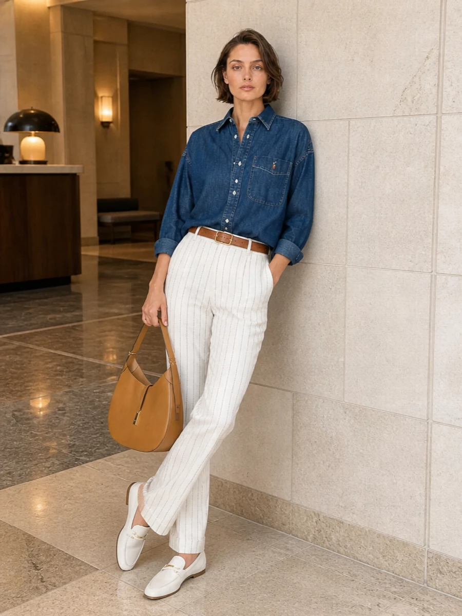 An oversized indigo denim shirt meets ivory pinstripe tailoring for a clean, menswear-inspired take on relaxed polish. Ivory loafers and a tan hobo bag keep the palette soft and coherent, while a slim tan belt defines the waist without breaking the ease. It is the kind of preppy uniform that works from coffee runs to casual client catch-ups with just a change of jewelry or lip color.