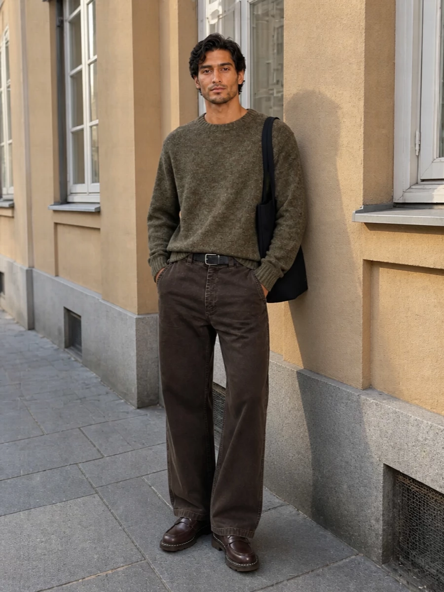 Apc work pants brown sweater paraboot loafers