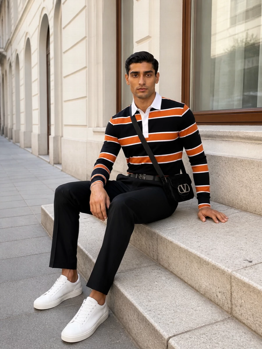 Graphic Celine stripes sit against precise black tailoring, giving a city uniform that feels sporty but controlled. The pure white sneaker lightens everything, while a slim black belt and compact crossbody keep the lines disciplined. It is an easy day-to-night combination for modern, quietly confident dressing.