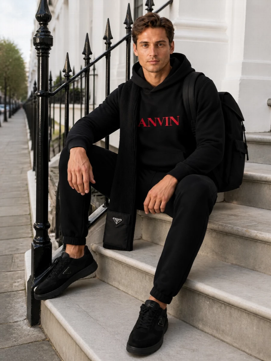 Lanvin black hoodie joggers prada sneakers