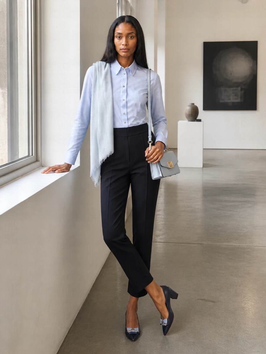 Pale blue and deep navy meet in a sharply tailored pairing that feels right for serious meetings and late dinners alike. The high-waisted trouser and mid-heel pump create a long, composed line, while soft blue accessories keep the mood restrained and modern. It is a quietly confident take on classic shirt-and-trouser dressing with just enough color nuance to feel considered.