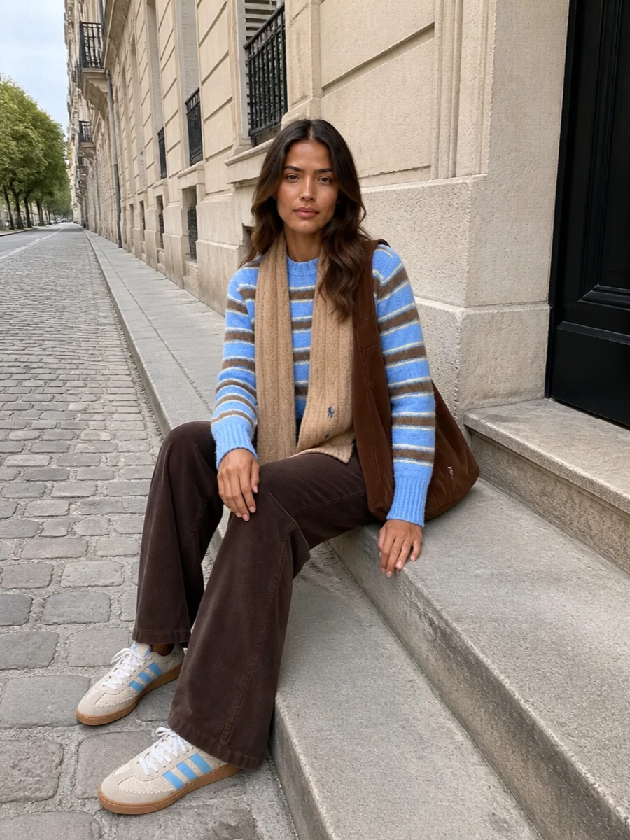 A soft striped knit meets high‑waisted chocolate corduroy for an updated campus mood in sky blue and warm browns. Cream and blue trainers keep it light and casual, while a chestnut suede bucket bag and camel scarf add tactile, quiet polish for cool‑weather days. The proportions stay relaxed but neat, with the cropped sweater anchored by the wide, drapey trouser line.