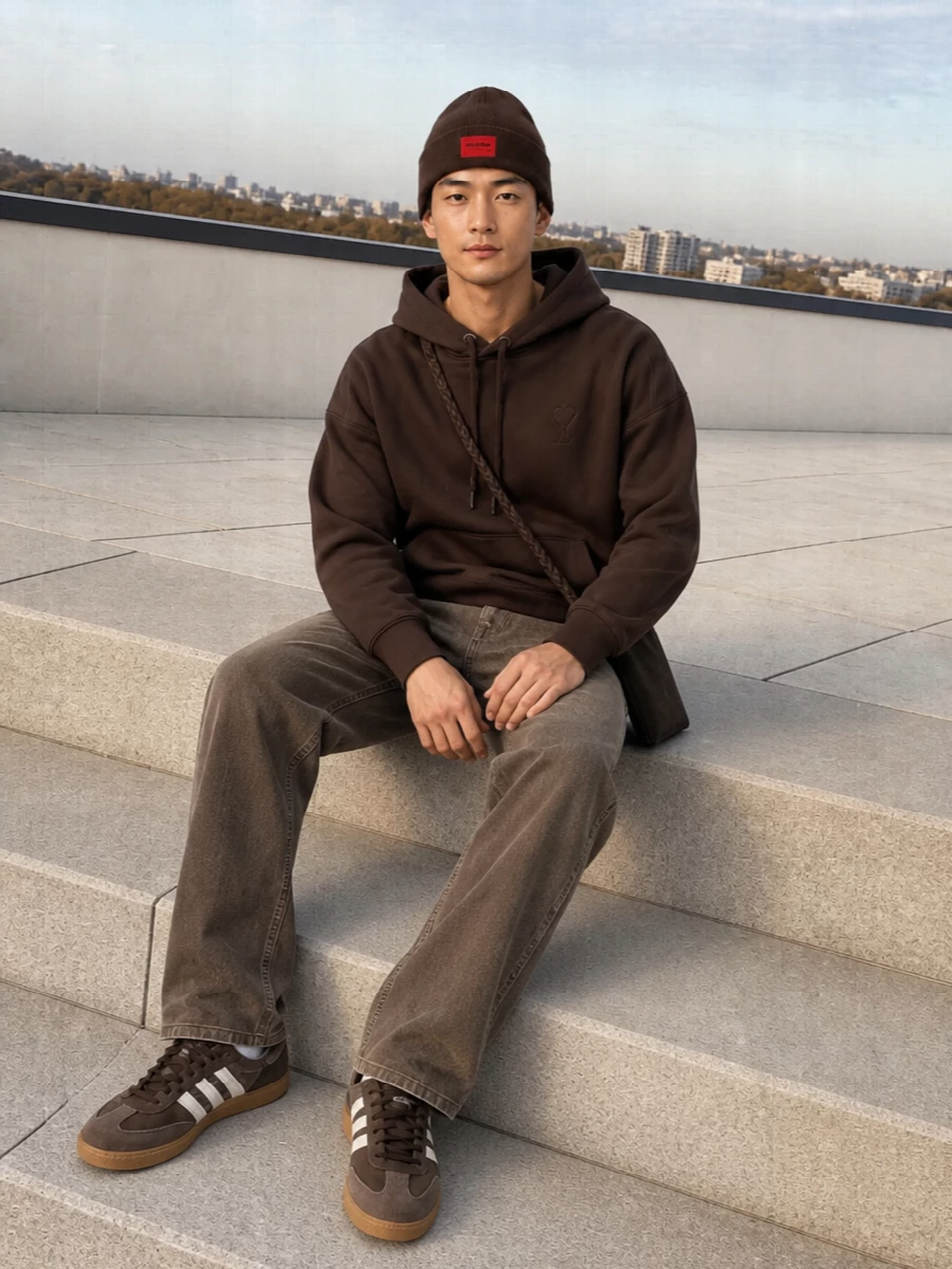 A head-to-toe brown story keeps this grounded and sharp, from the ribbed beanie through the rich hoodie into washed Represent denim. Adidas terrace trainers and a slim suede crossbody lean it toward streetwear while staying clean and low-key. The result is relaxed but intentional, ideal for cold-city days that still deserve a considered uniform.