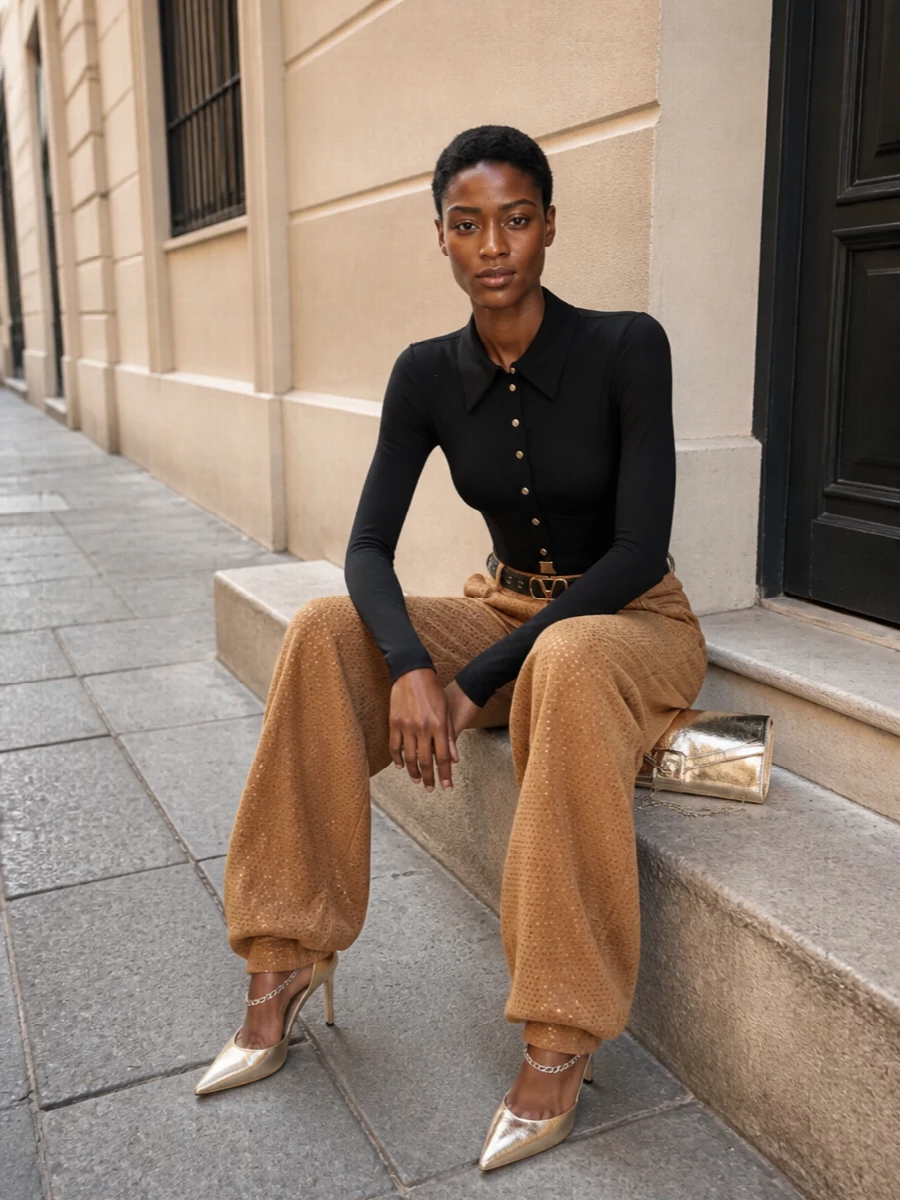 Elisabetta franchi studded pants gold jimmy choo heels