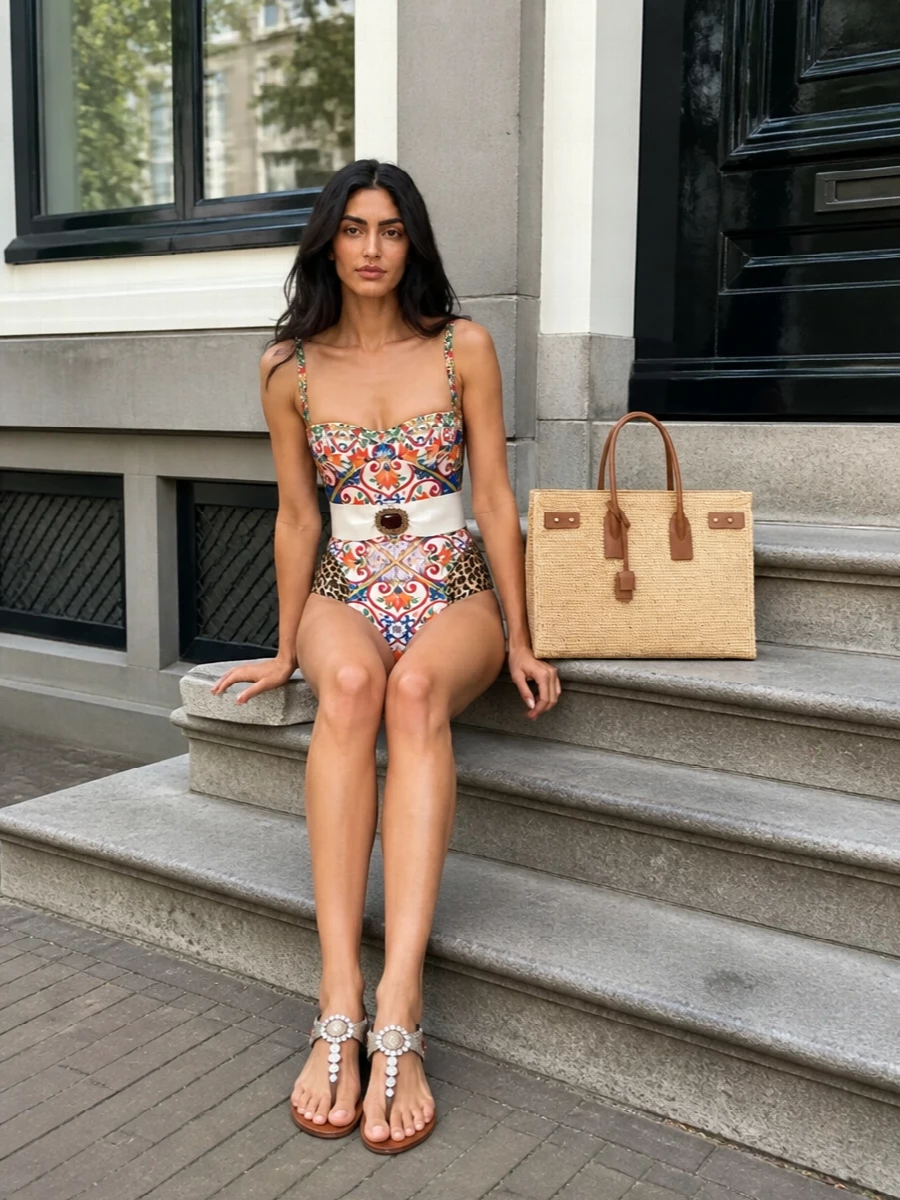 Dolce gabbana swimsuit straw tote jeweled sandals