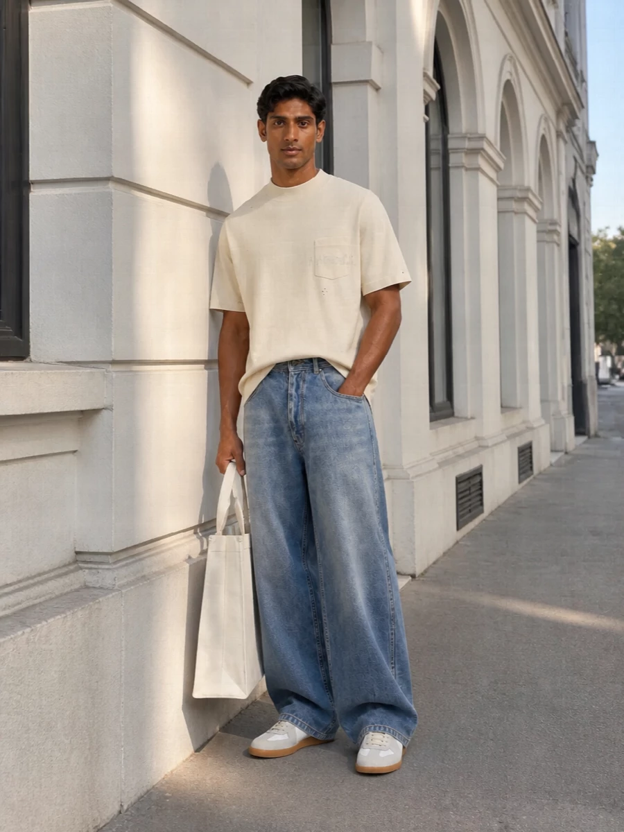 Maison margiela wide leg jeans neutral sneakers