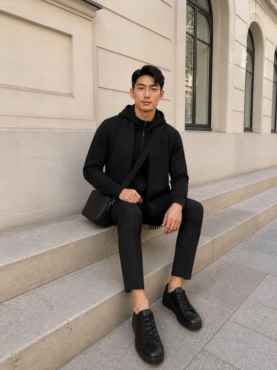This look is a monochrome, quietly luxurious take on athleisure: the black Valentino zip hoodie and matching tapered track pant read streamlined and elevated rather than casual. Sleek black Valentino low-top sneakers keep the line clean at the ground, while the structured Bottega Veneta crossbody and a slim black Saint Laurent scarf add just enough texture and refinement for a modern city uniform that moves easily from commute to off-duty evenings.