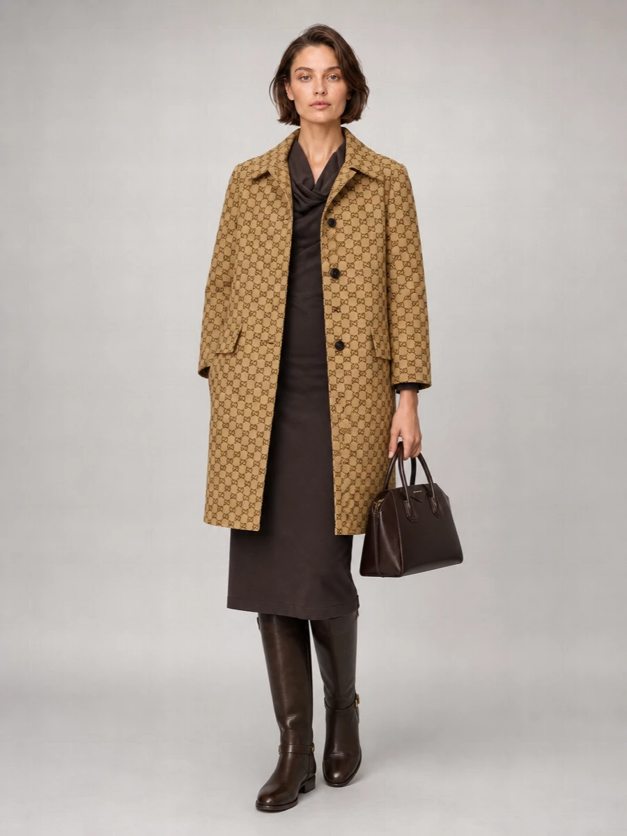 I’m taking the dress route here so the Gucci coat can frame one uninterrupted column of dark chocolate, keeping the monogram powerful but not loud. The Brunello Cucinelli knit reads refined and easy under the structured coat, while the Golden Goose riding boots and Givenchy top-handle sharpen it into a city-ready, quietly commanding ensemble. It is luxury layered like streetwear, but tailored enough to move from daytime appointments to dinner without changing a piece.