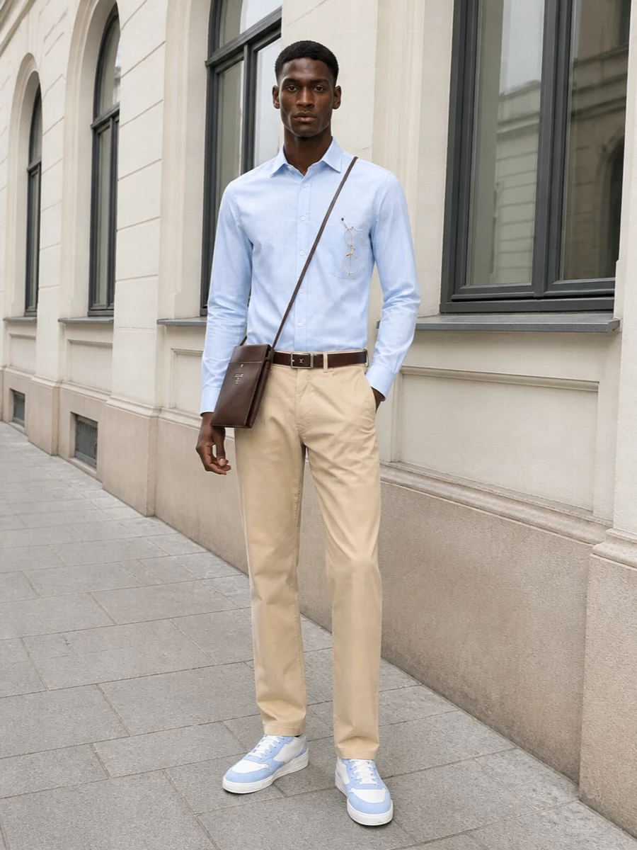 Moschino beige trousers blue shirt outfit