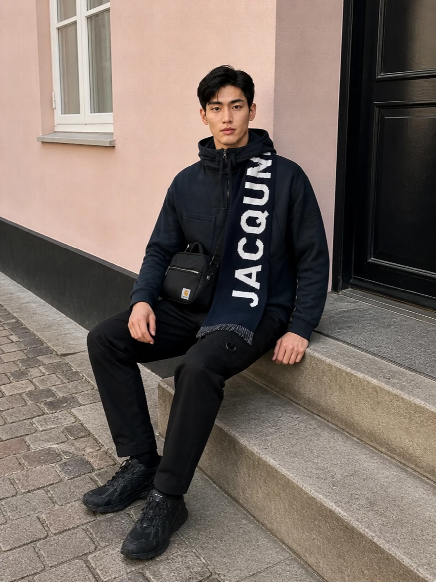 Deep navy and black keep this C.P. Company hoodie and cargo pairing firmly in modern urban territory, with clean lines that feel intentional rather than slouchy. Technical New Balance runners and a compact Carhartt crossbody push the utility story, while the navy Jacquemus scarf adds a single, confident graphic accent without disturbing the monochrome calm.