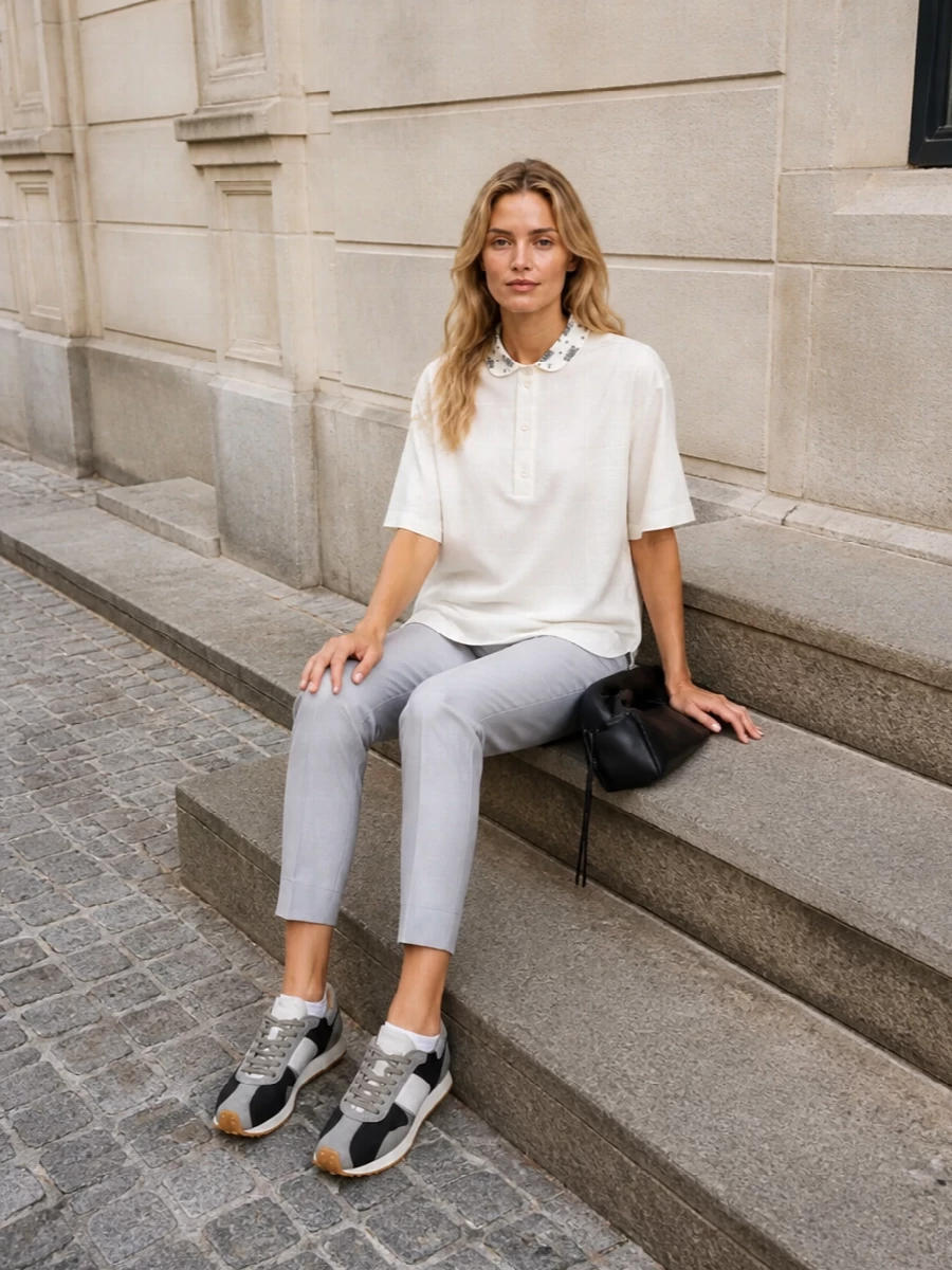The ivory Prada tee sits against pale dove-grey tailoring for a long, clean line that feels crisp but unfussy. Black and grey retro runners keep it grounded and wearable all day without losing polish. A sculptural black shoulder bag adds quiet structure and ties back to the tee’s dark accents for a coherent, modern finish.
