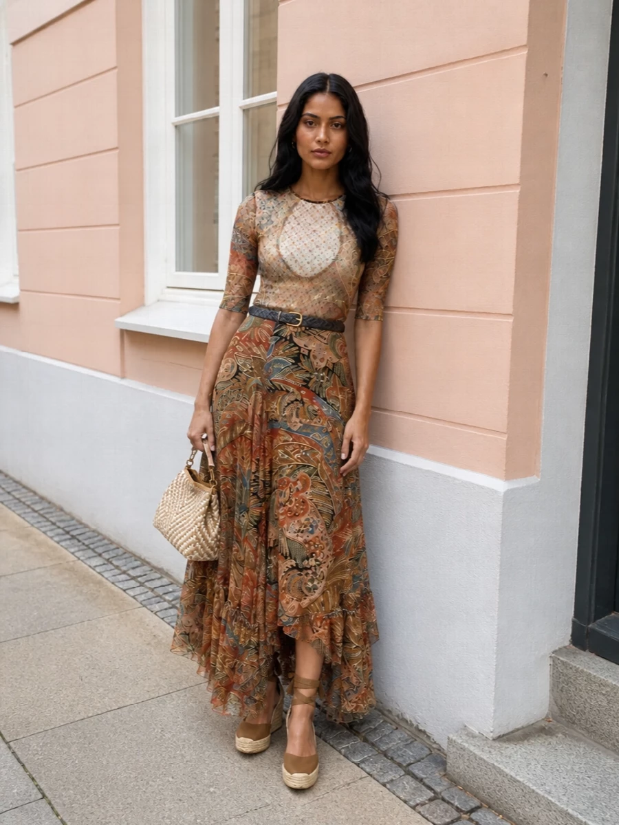 A romantic Etro statement skirt stays the focus, grounded with a sheer paisley bodysuit that mirrors its warm terracotta and tobacco tones in a more subtle register. Tan espadrille wedges and a sand-toned structured bag lean into sun-drenched Mediterranean ease while keeping the lines elongated. A slim braided belt quietly defines the waist so the asymmetric ruffles move beautifully around the body.