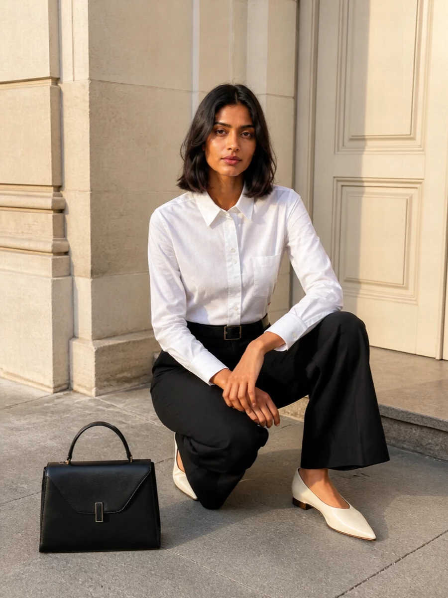 A crisp white shirt is anchored by tailored black wide-leg trousers for a clean, quietly powerful presence. Buttercream pointed flats soften the formality while keeping the silhouette long, and a structured black top-handle bag plus a slim belt add just enough definition and polish. The result feels boardroom ready yet calm and unforced, built entirely on sharp lines and a restrained neutral palette.