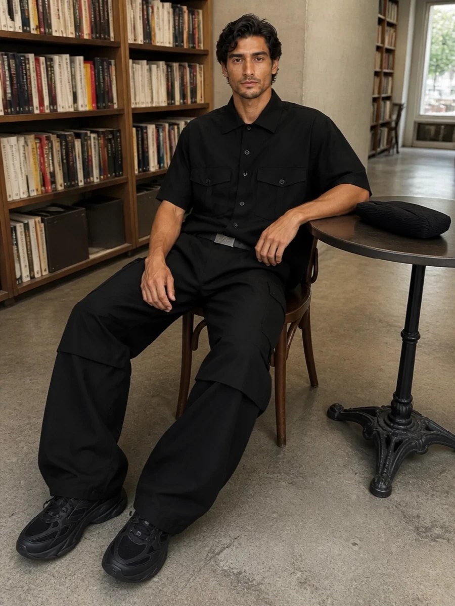 Needles black shirt cargo pants streetwear outfit