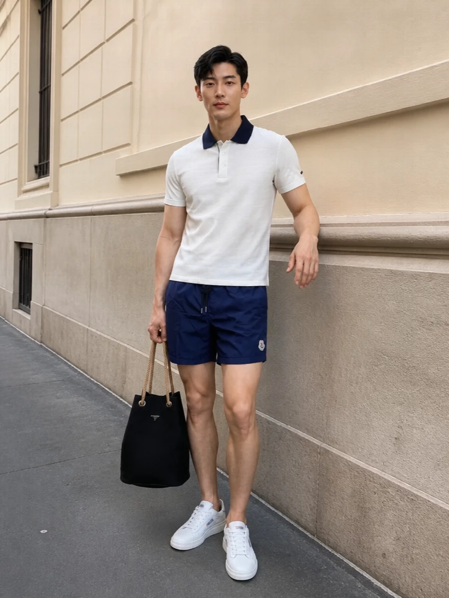 Navy Moncler swim shorts and a white contrast-collar polo channel clean yacht-club energy in a tight navy and white palette. Autry court sneakers pick up the red and navy accents for a quietly coordinated finish. A black Prada bucket bag with rope handles nods to the water without shouting logos, keeping the whole outfit polished but relaxed for resort days and coastal city breaks alike.
