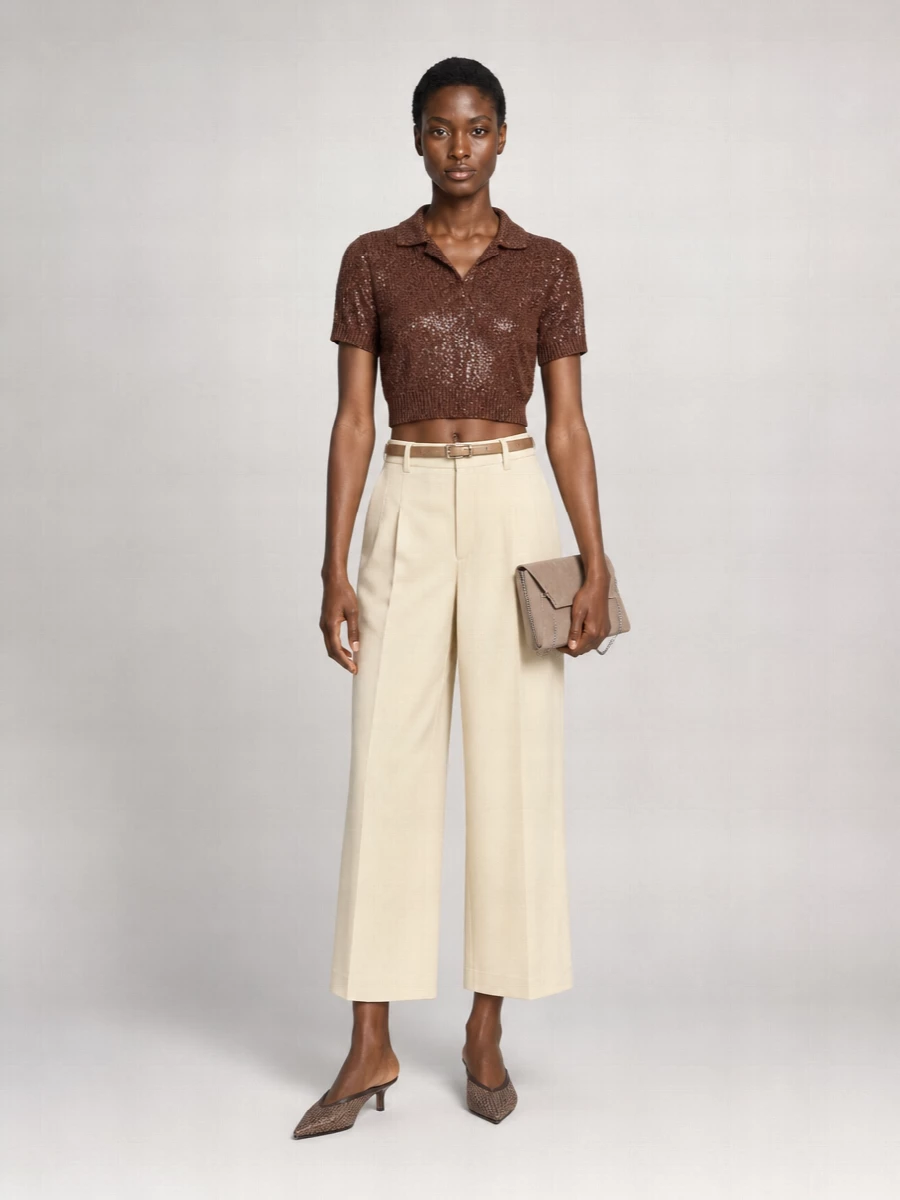 Brunello Cucinelli Linen Cashmere Silk Sequined Cropped Short-Sleeve Polo Top
