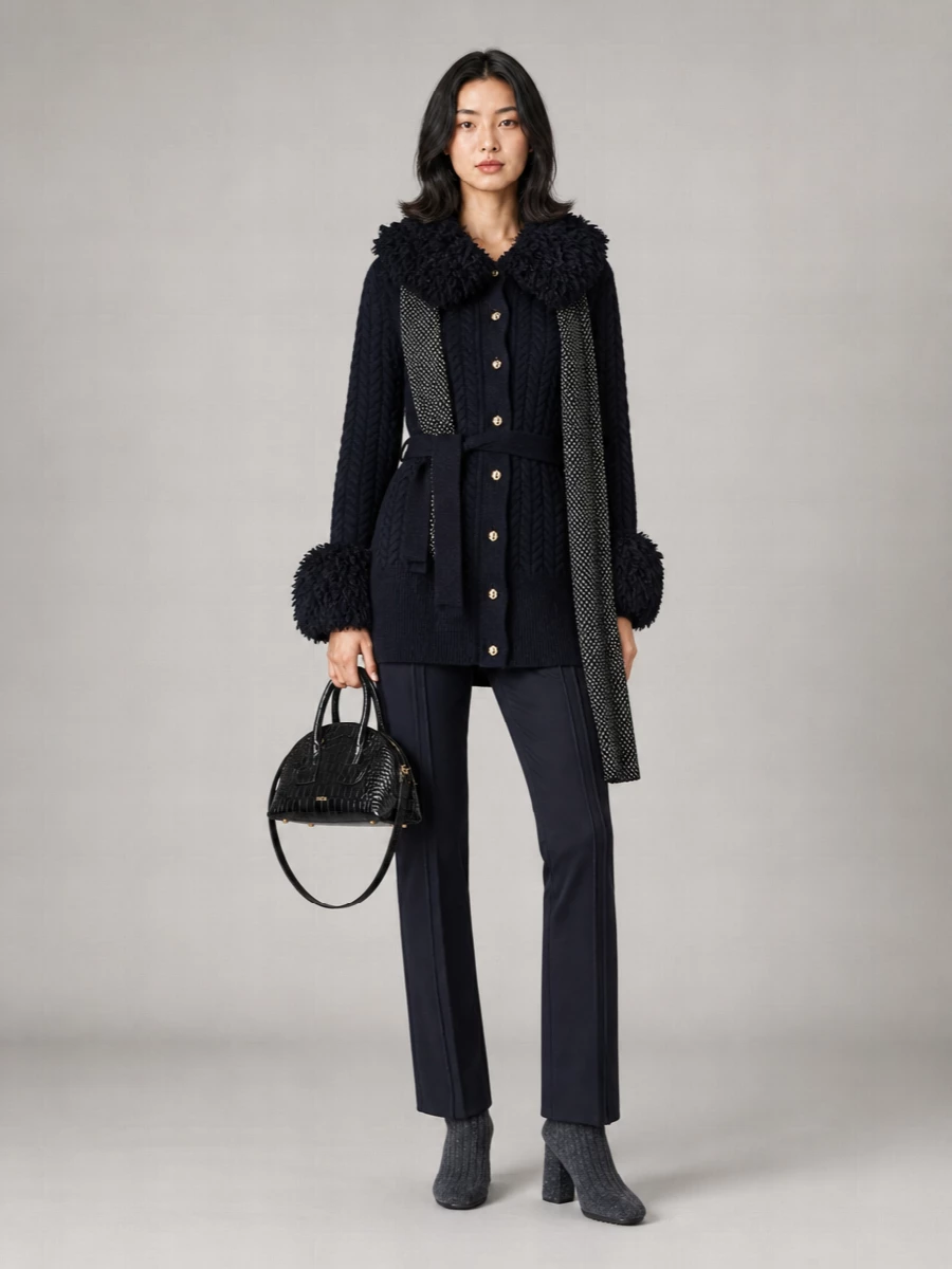 Patou Cashmere Merino Wool Crewneck Cardigan