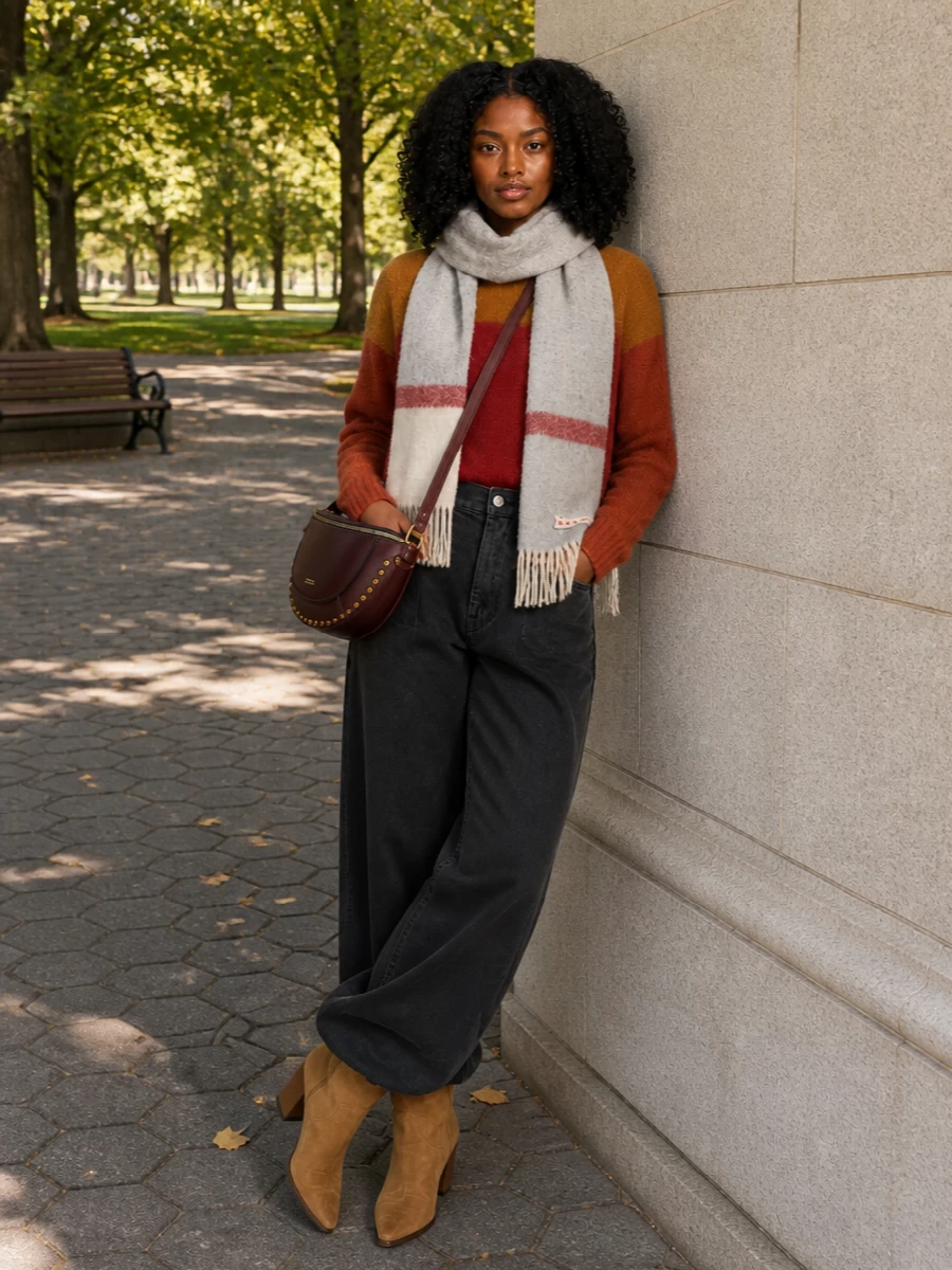 Brick, rust and ochre sit against washed charcoal and camel for an easy, autumnal mix that feels warm but still sharply composed. The high-rise wide leg and knee boot combination lengthens the body, while the burgundy crossbody and softly striped scarf tie the reds and neutrals together in a quietly bohemian way. It is an off-duty city outfit that reads relaxed yet considered from coffee runs to late dinners.