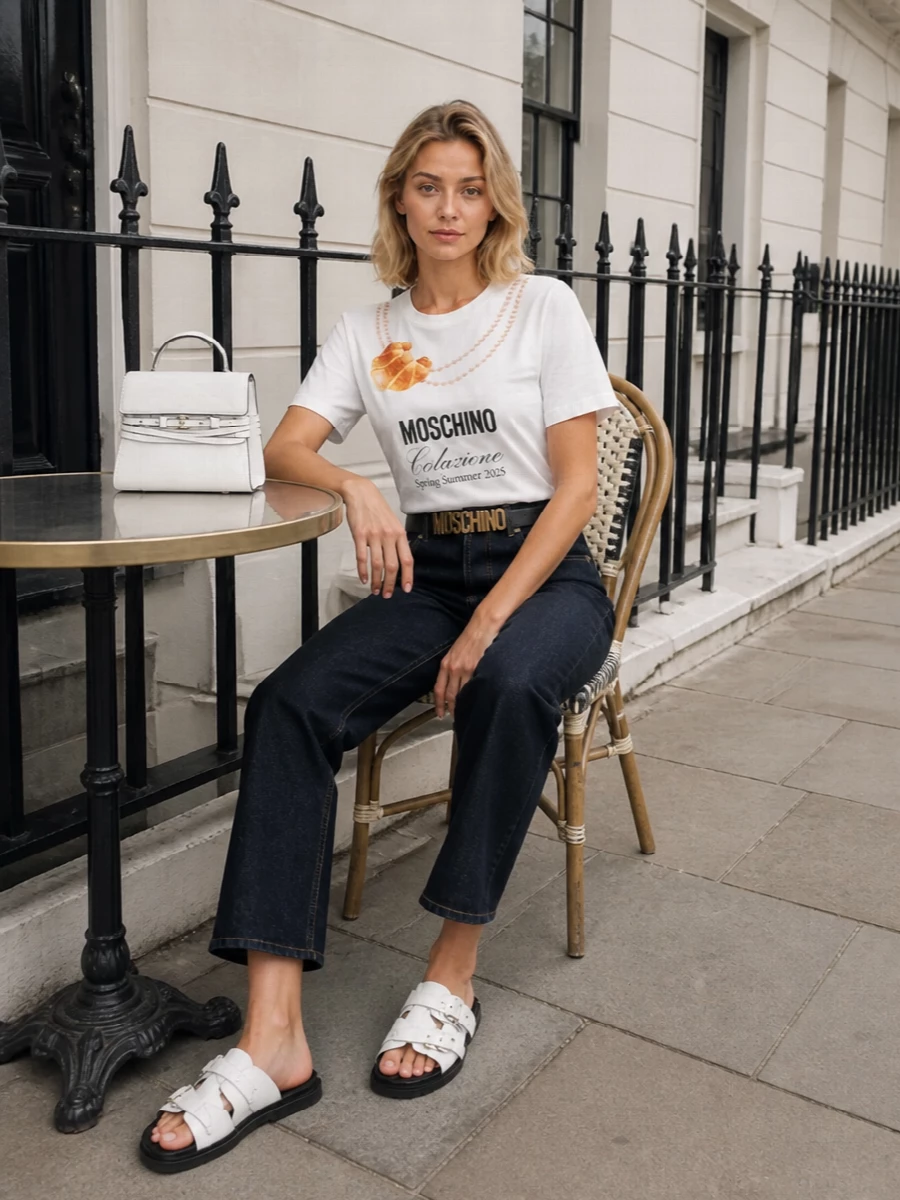 Moschino croissant tee dark denim white bag