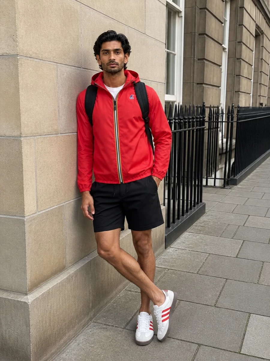 K way red windbreaker adidas trainers outfit