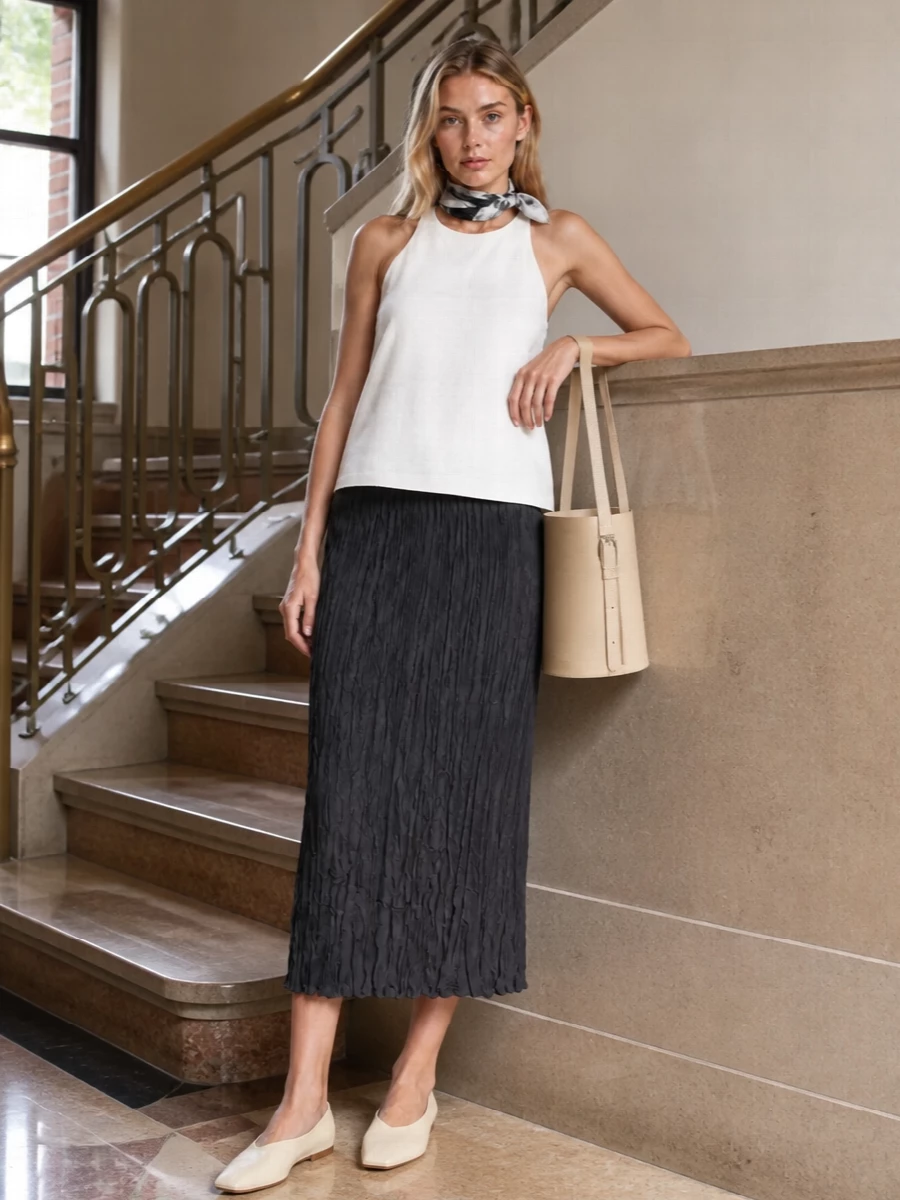 Alysi charcoal midi skirt white top outfit