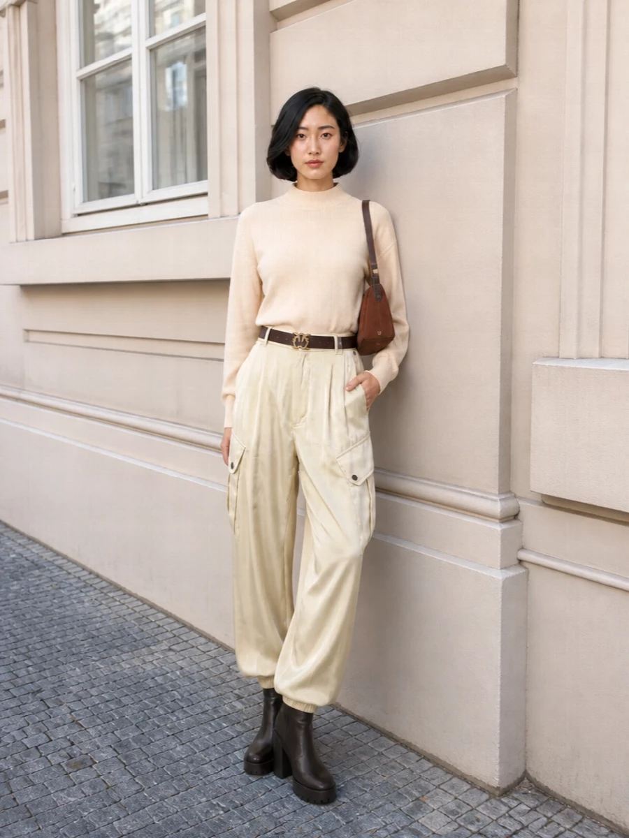 Pinko satin cargo trousers beige knit outfit
