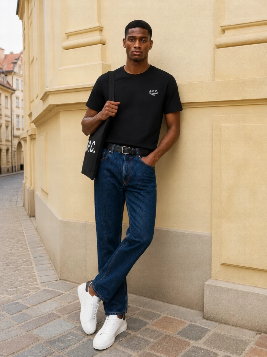 Apc black t shirt dark indigo jeans sneakers