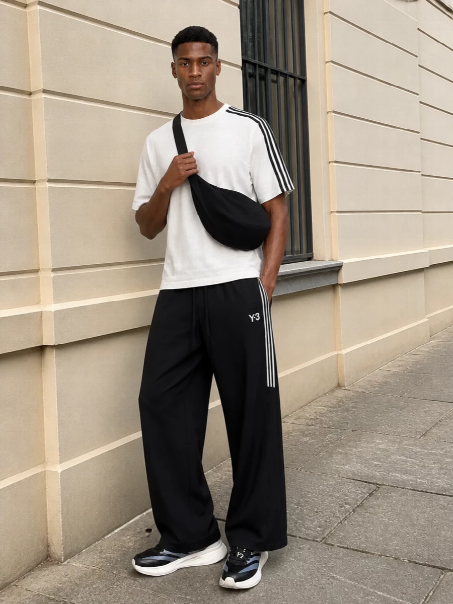 Y3 wide leg track pants striped tee runners