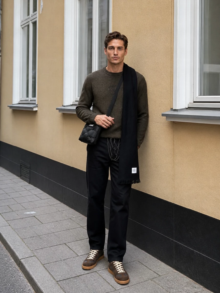 Maison margiela brown knit black jeans outfit
