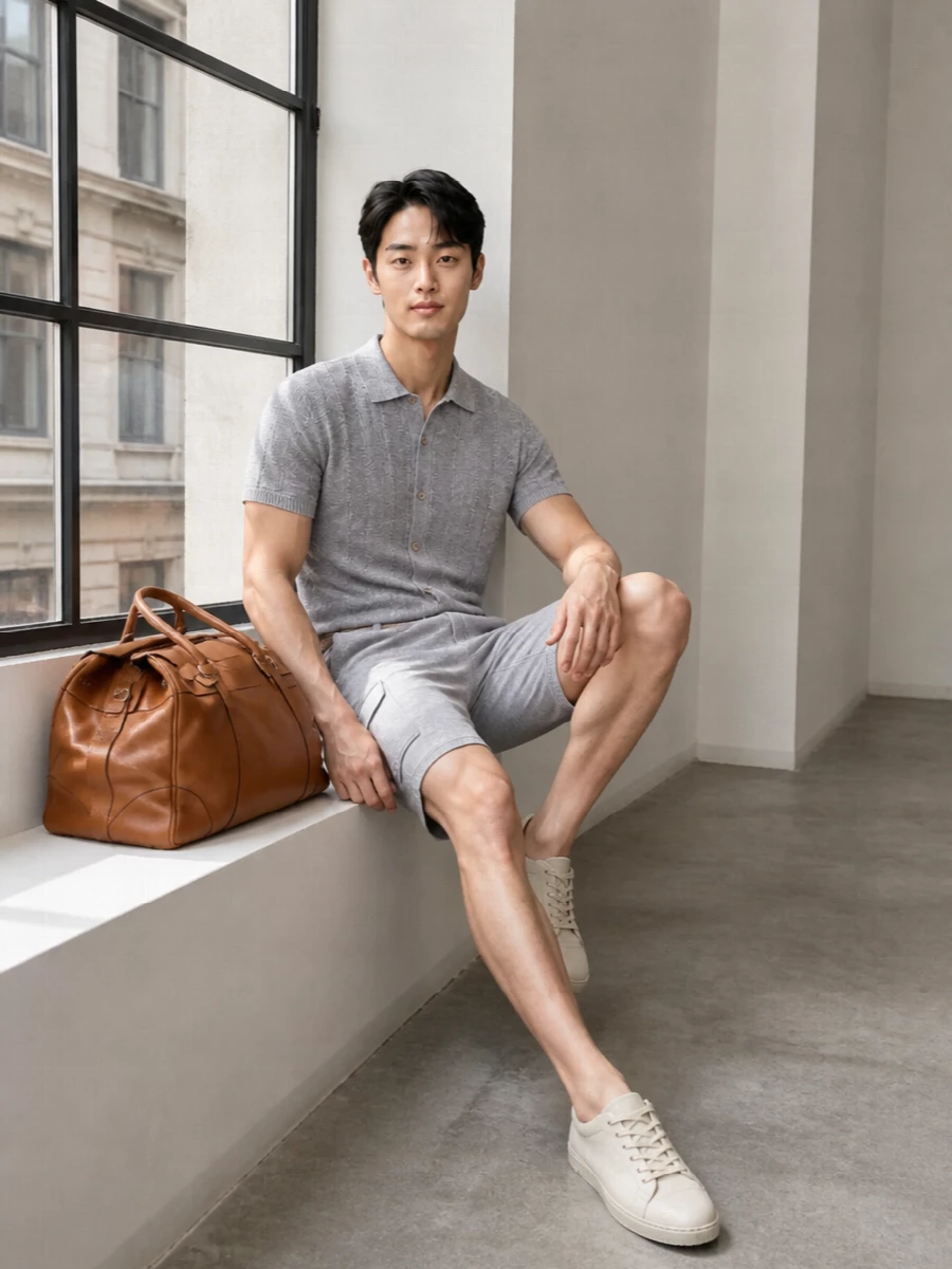 Brunello cucinelli knit polo cargo shorts outfit