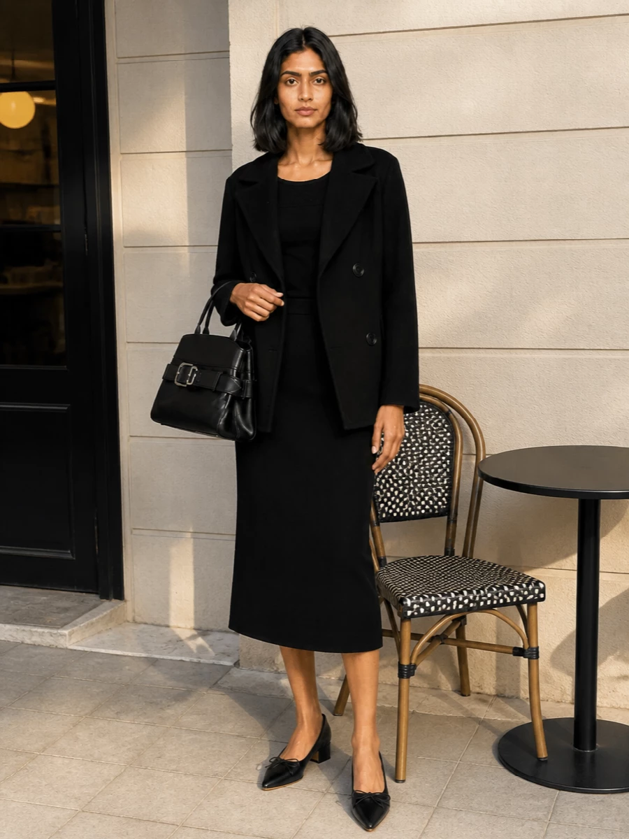 Max mara black pea coat fitted midi dress outfit