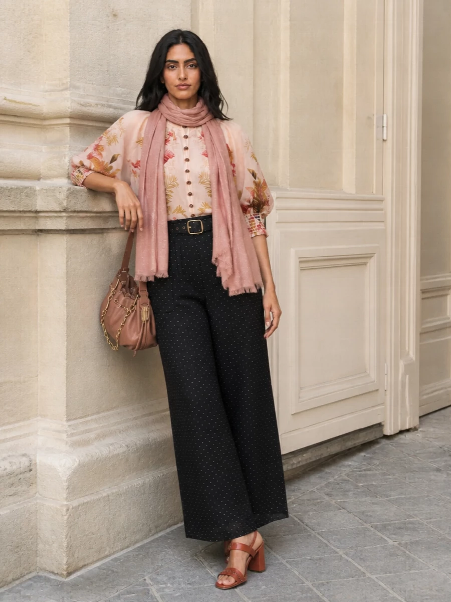Zimmermann’s painterly blouse becomes the hero against the softly draped black polka-dot trouser, giving a long, fluid line that feels romantic yet composed. Terracotta block-heel sandals and a rose-tan mini shoulder bag echo the warm blush notes, while a whisper-soft dusty rose scarf is there for when the night turns cool without disturbing the print story.
