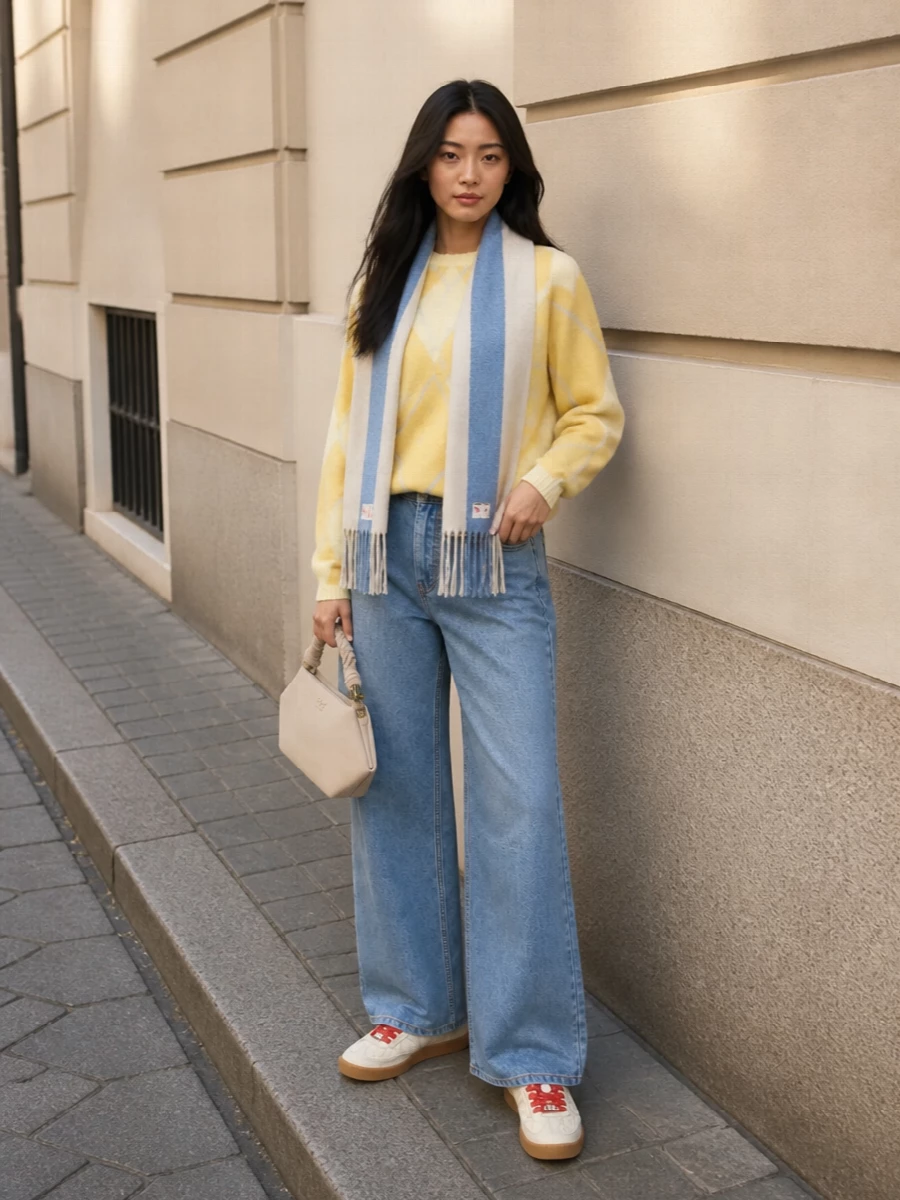 Ganni argyle sweater wide leg jeans outfit