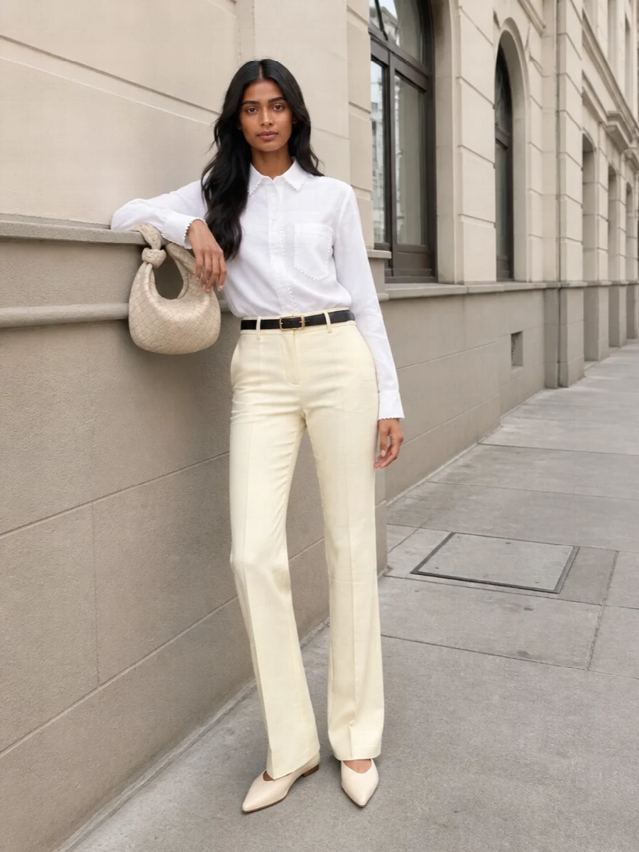 A crisp white architectural shirt meets high-rise buttercream tailoring for a quiet, tonal take on modern suiting. Buttercream flats and a cream intrecciato hobo keep the silhouette long and unbroken, while a slim black belt adds just enough structure at the waist. The result is clean, composed and ready for days that move from meetings to dinner without a change.