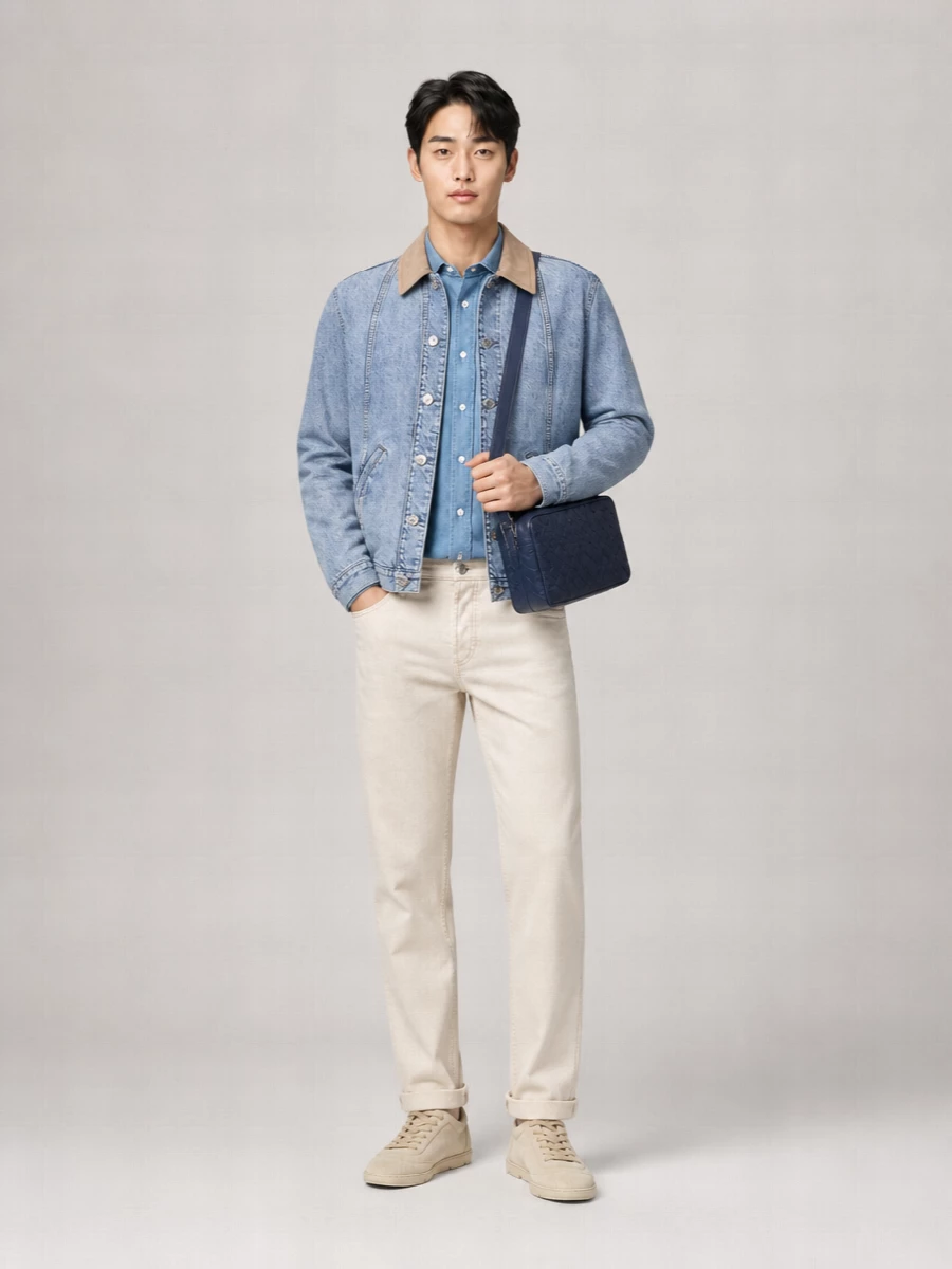 Brunello Cucinelli Denim Jacket Suede Collar Long Sleeves