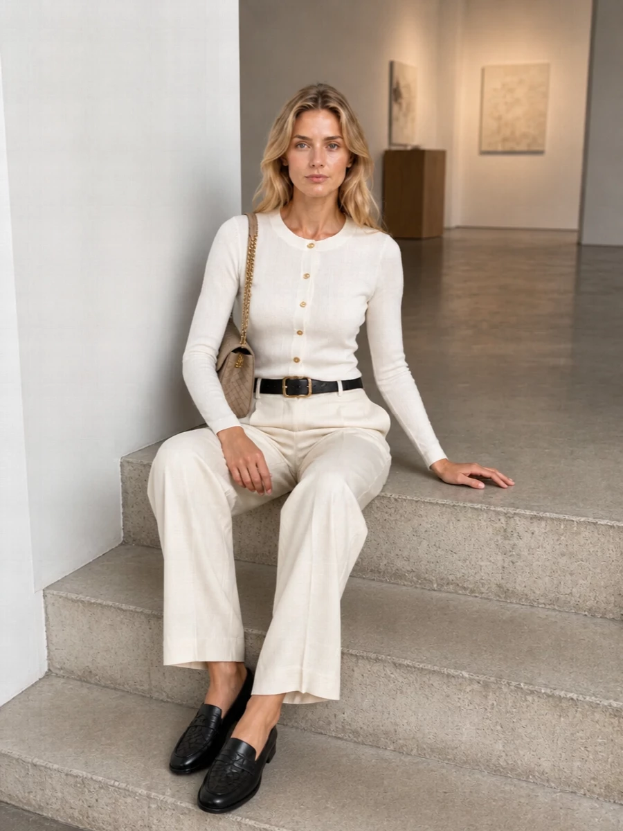Bottega veneta white cardigan ivory trousers outfit