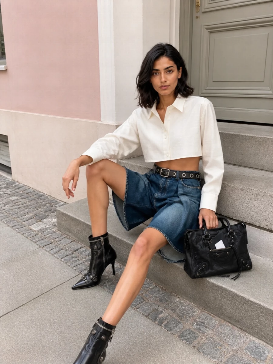 Balenciaga denim flared shorts cropped shirt outfit