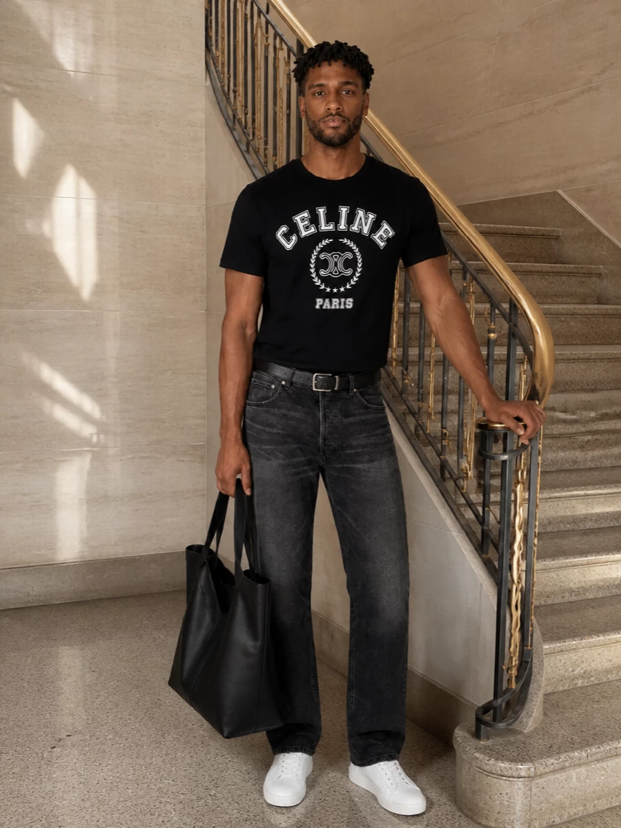 Celine varsity tee dark jeans white sneakers