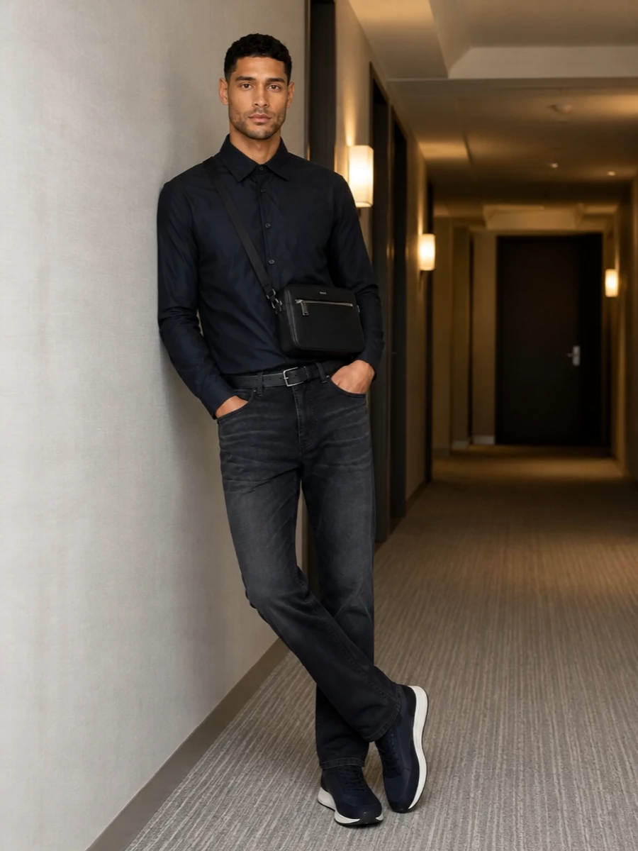 A dark, tonal take on smart casual, this pairing keeps everything in the navy and charcoal family so the silhouette does the talking. The technical shirt and straight-leg jeans strike a neat balance between structure and ease, while the navy runners and belt keep the finish modern and low-key. It is a clean, city-ready uniform that works from daytime movement into an easy dinner without needing a change.