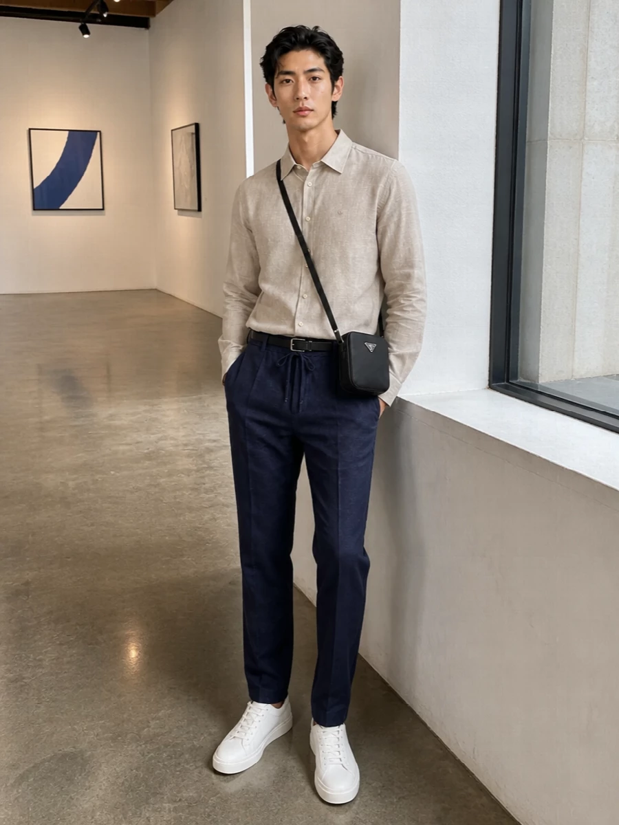 Navy drawstring trousers pair with a sand linen shirt for a soft, minimal mix that feels relaxed yet considered. Off-white sneakers keep the line clean and modern, while a structured black crossbody adds city-ready practicality without breaking the calm palette. A slim navy belt finishes the waist with quiet structure rather than fuss.