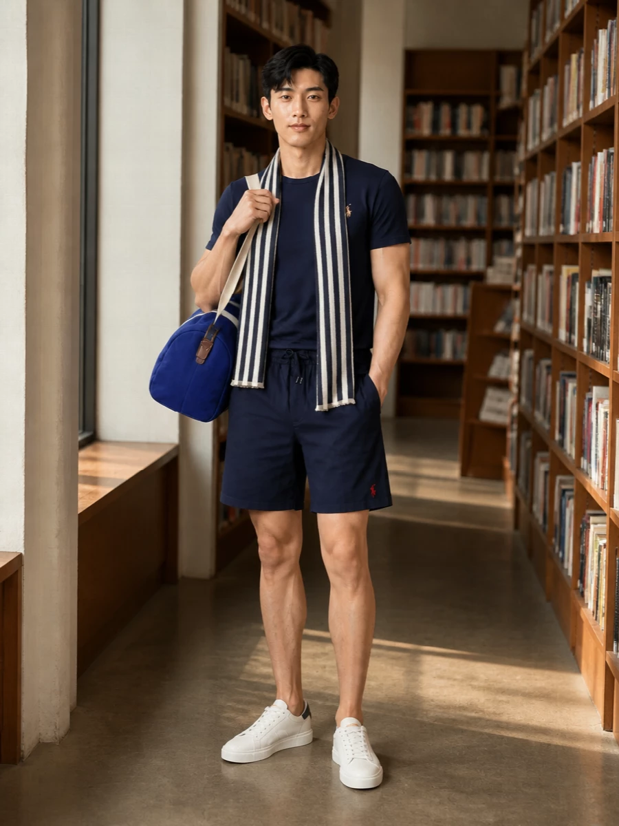 A navy-on-navy Ralph Lauren base keeps things clean and preppy, with the shorts and tee reading as one easy set. White and navy sneakers sharpen the palette, while the collegiate duffle and striped scarf bring just enough sport-club personality without disturbing the minimal mood. It is an off-duty summer uniform that moves seamlessly from city errands to a casual seaside afternoon.