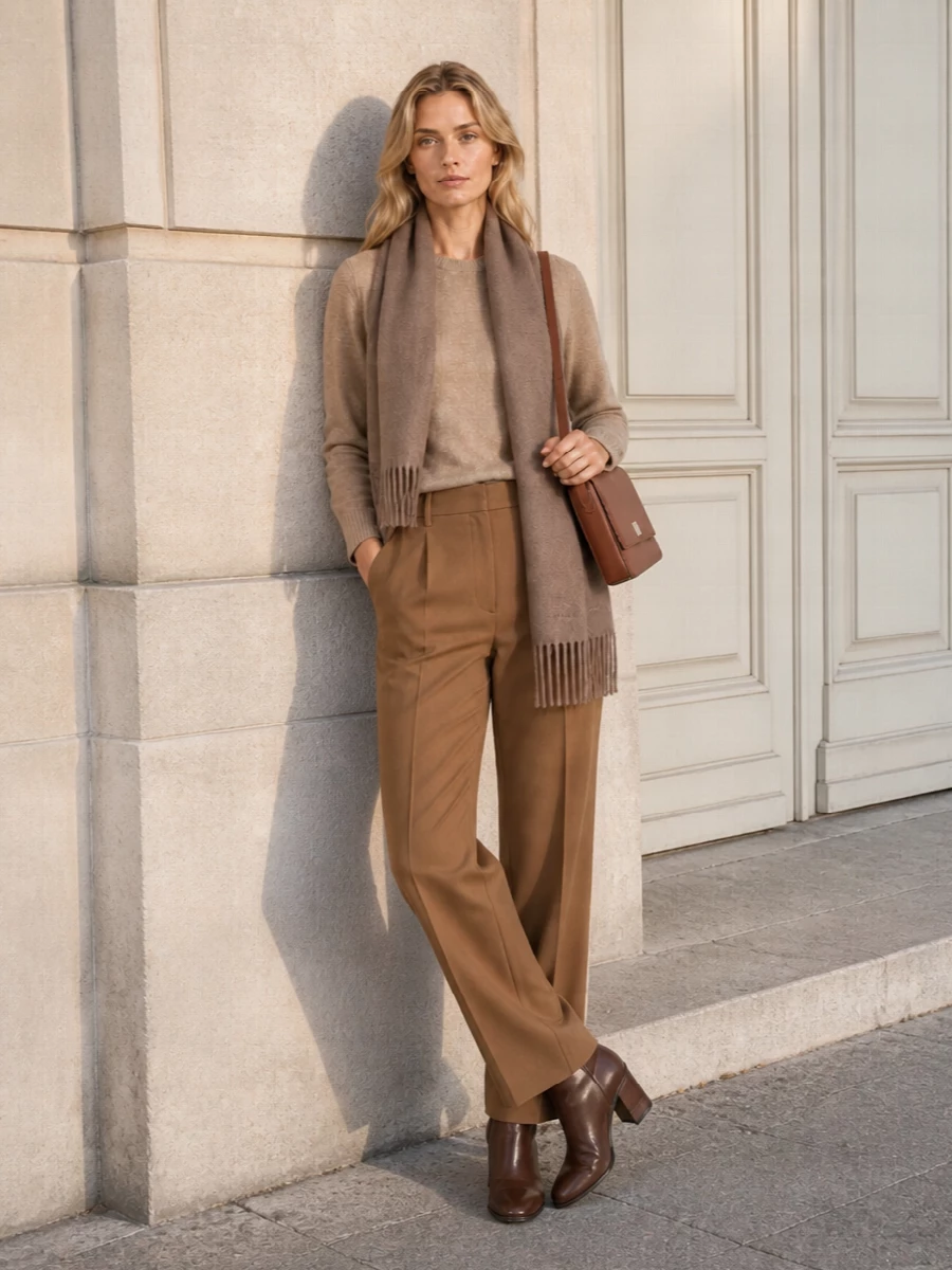 Max mara camel sweater tailored trousers outfit