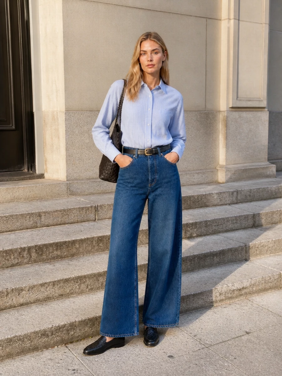 Bottega veneta striped shirt wide leg jeans outfit
